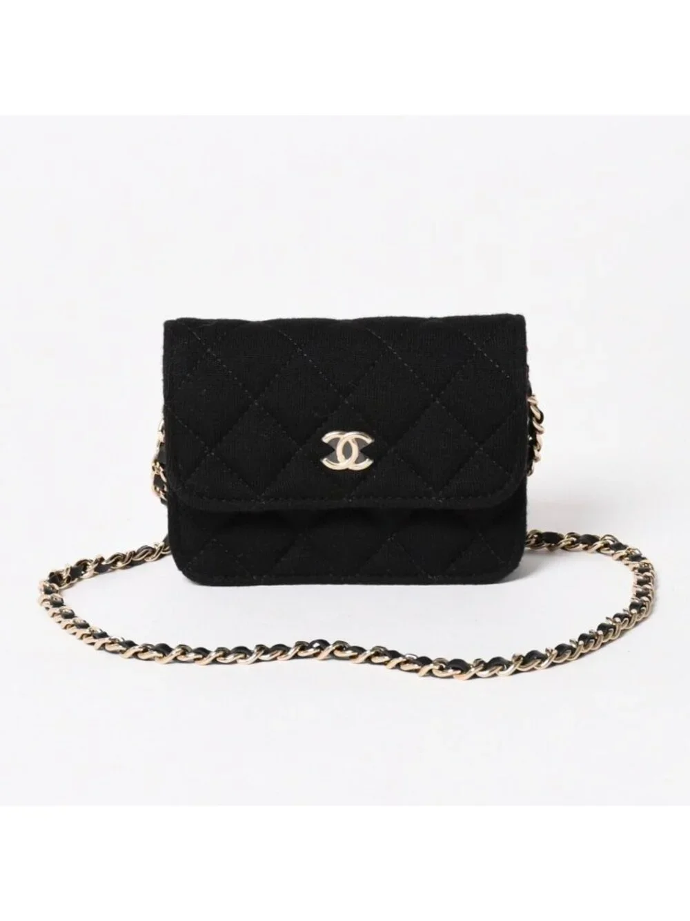 Chanel Mini Quilted Chain Shoulder Bag CC Logo Stand Black Gold Cotton